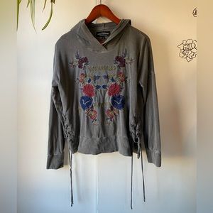 Lucky Brand Gray Hoodie Sweater Embroidered Floral Sweatshirt Womens Small